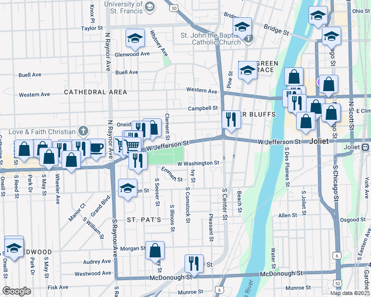 map of restaurants, bars, coffee shops, grocery stores, and more near 12 Garfield Street in Joliet