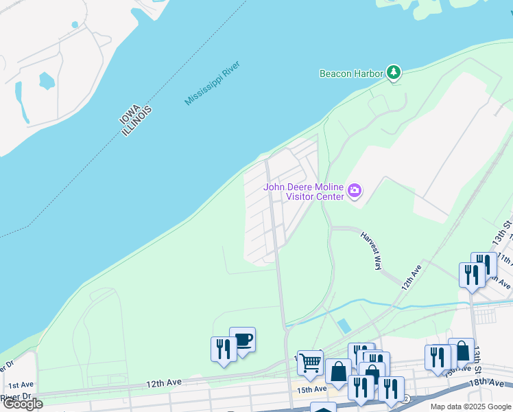 map of restaurants, bars, coffee shops, grocery stores, and more near 629 3rd Avenue in East Moline