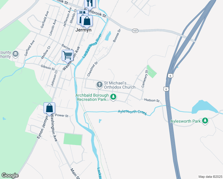 map of restaurants, bars, coffee shops, grocery stores, and more near 301 Elm St in Jermyn