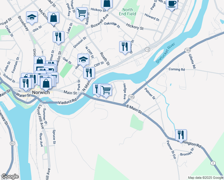 map of restaurants, bars, coffee shops, grocery stores, and more near 34 Penobscot Street in Norwich