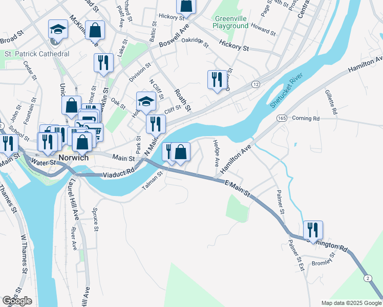 map of restaurants, bars, coffee shops, grocery stores, and more near 34 Penobscot Street in Norwich