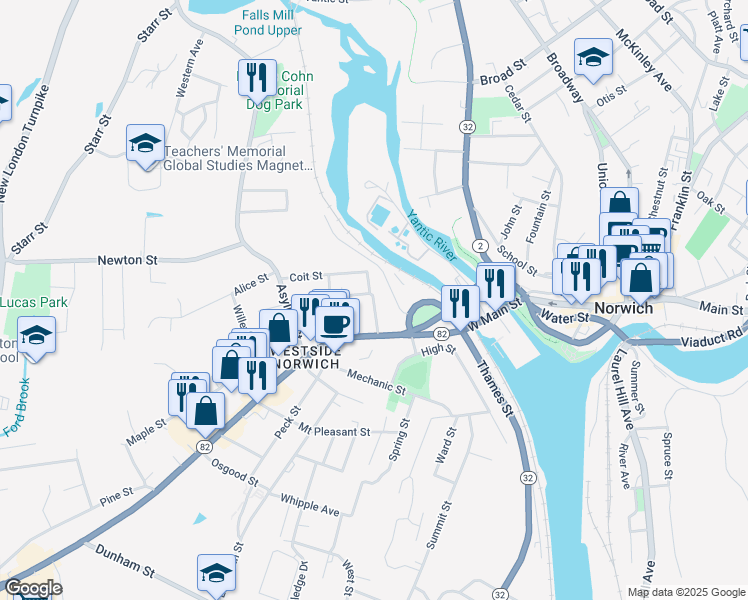 map of restaurants, bars, coffee shops, grocery stores, and more near 10 Pearl Street in Norwich