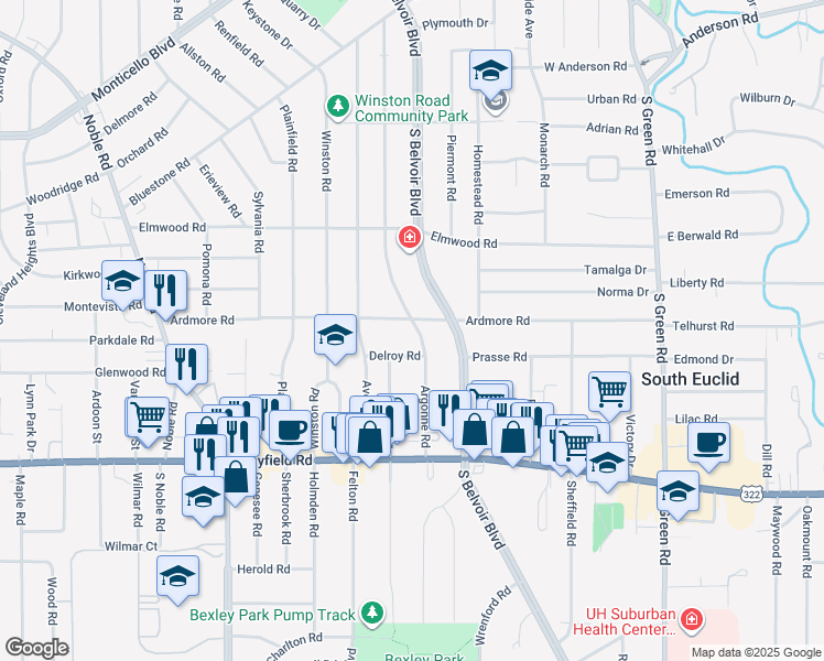 map of restaurants, bars, coffee shops, grocery stores, and more near 1300 Argonne Road in South Euclid