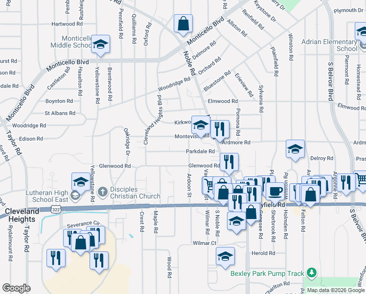 map of restaurants, bars, coffee shops, grocery stores, and more near 3851 Parkdale Road in Cleveland Heights