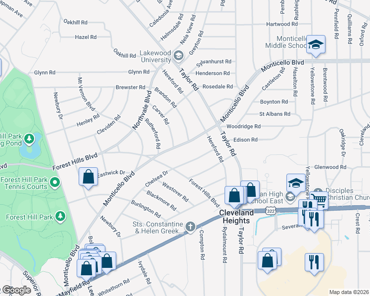 map of restaurants, bars, coffee shops, grocery stores, and more near 3326 Monticello Boulevard in Cleveland Heights