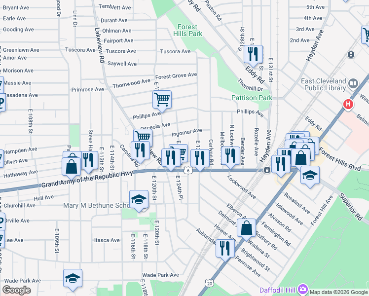 map of restaurants, bars, coffee shops, grocery stores, and more near 1240 East 124th Street in Cleveland
