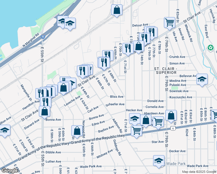 map of restaurants, bars, coffee shops, grocery stores, and more near 1096 East 67th Street in Cleveland