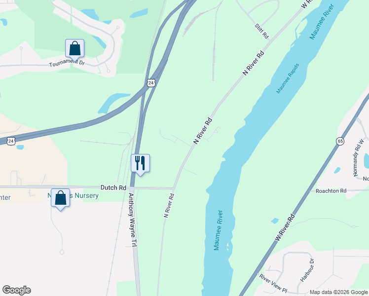 map of restaurants, bars, coffee shops, grocery stores, and more near 6344 North River Road in Waterville