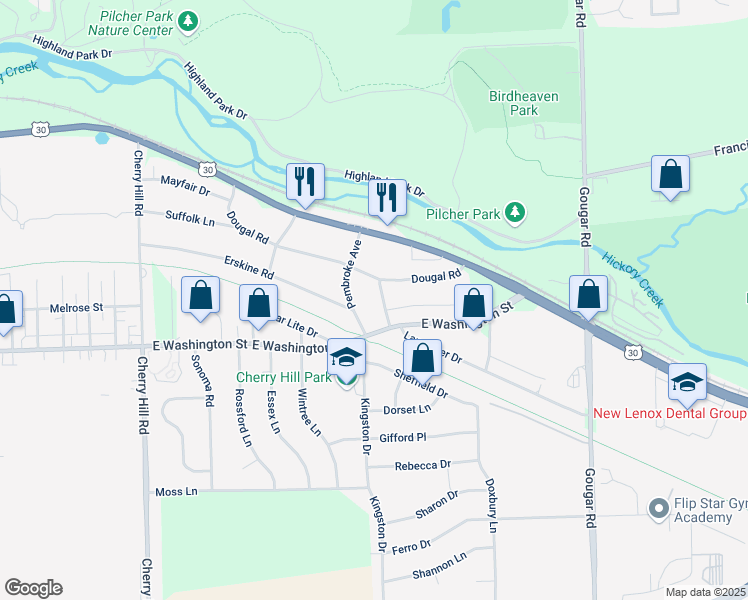 map of restaurants, bars, coffee shops, grocery stores, and more near 201 Montieth Street in Joliet