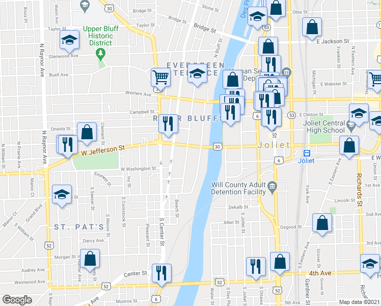 map of restaurants, bars, coffee shops, grocery stores, and more near 26 North Broadway Street in Joliet