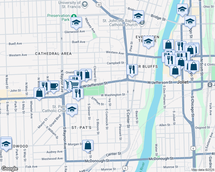 map of restaurants, bars, coffee shops, grocery stores, and more near 15 North Cagwin Avenue in Joliet