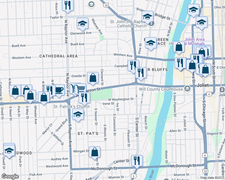 map of restaurants, bars, coffee shops, grocery stores, and more near 12 Garfield Street in Joliet