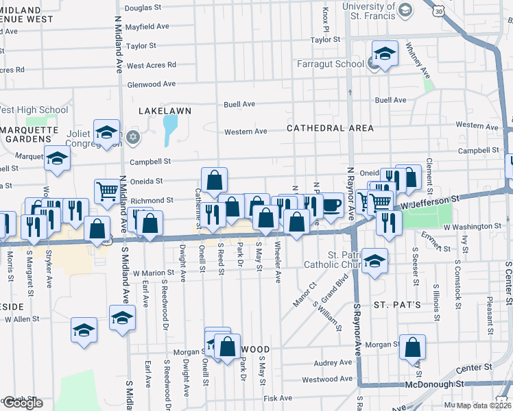 map of restaurants, bars, coffee shops, grocery stores, and more near 107 North May Street in Joliet