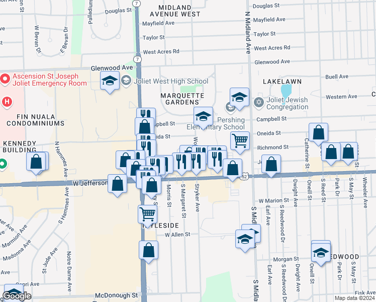 map of restaurants, bars, coffee shops, grocery stores, and more near 1604 Richmond Street in Joliet