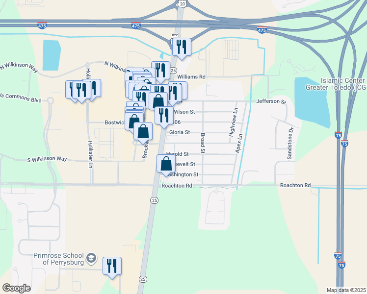 map of restaurants, bars, coffee shops, grocery stores, and more near 12491 Fort Meigs Boulevard in Perrysburg