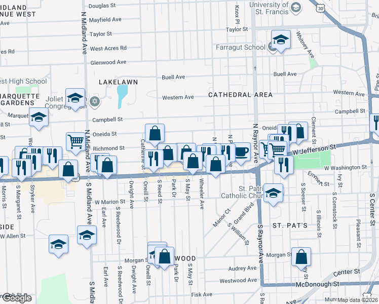 map of restaurants, bars, coffee shops, grocery stores, and more near 107 North May Street in Joliet