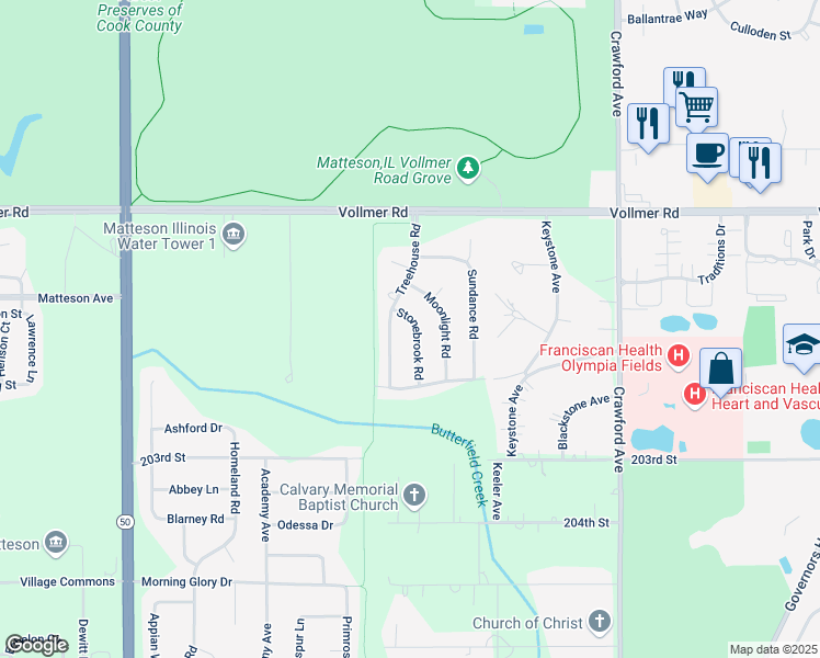 map of restaurants, bars, coffee shops, grocery stores, and more near 122 Stonebrook Road in Matteson