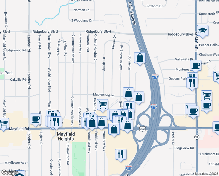 map of restaurants, bars, coffee shops, grocery stores, and more near 1324 Giesse Drive in Mayfield Heights