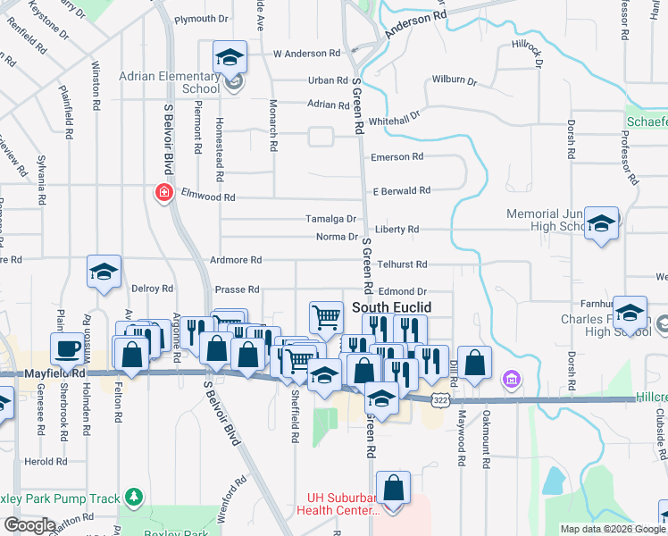 map of restaurants, bars, coffee shops, grocery stores, and more near 4430 Ardmore Road in South Euclid