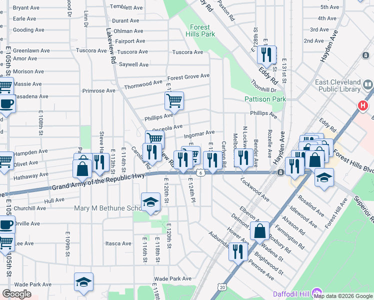 map of restaurants, bars, coffee shops, grocery stores, and more near 1240 East 124th Street in Cleveland