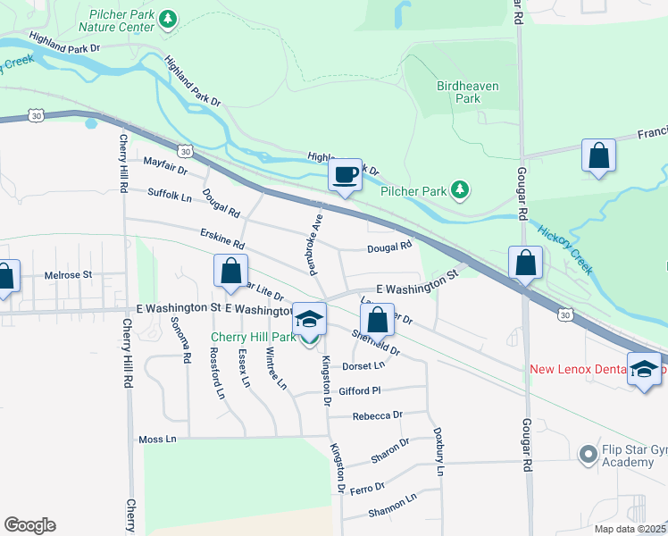 map of restaurants, bars, coffee shops, grocery stores, and more near 201 Montieth Street in Joliet