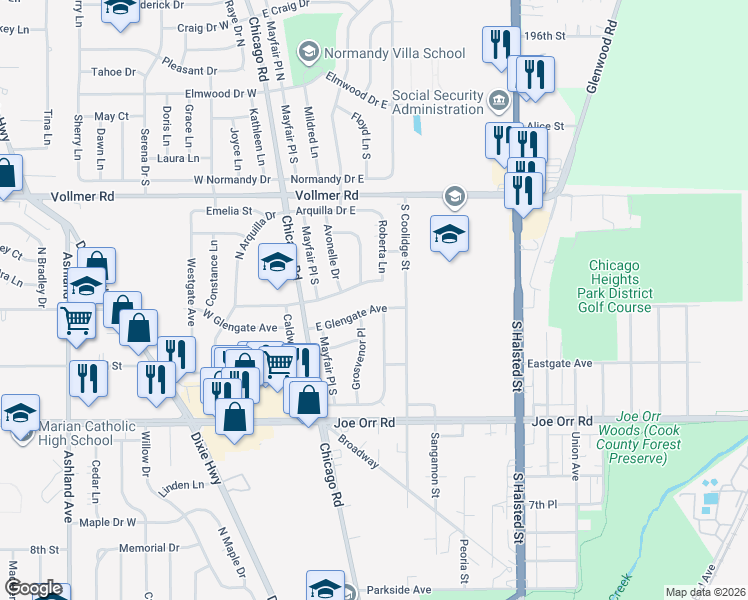 map of restaurants, bars, coffee shops, grocery stores, and more near 55 E Glengate Ave in Chicago Heights