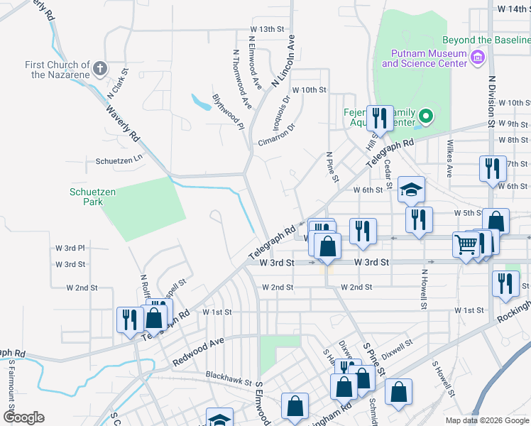map of restaurants, bars, coffee shops, grocery stores, and more near 445 Waverly Road in Davenport