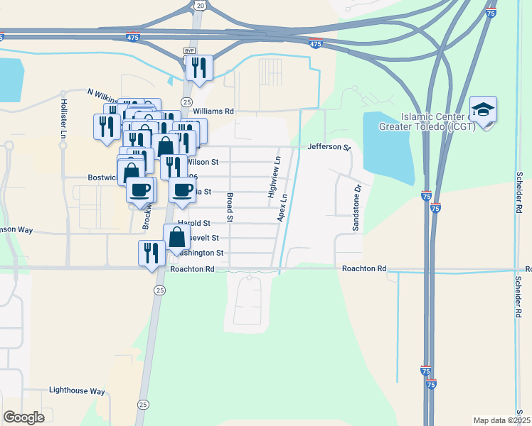 map of restaurants, bars, coffee shops, grocery stores, and more near 12329 Fort Meigs Boulevard in Perrysburg