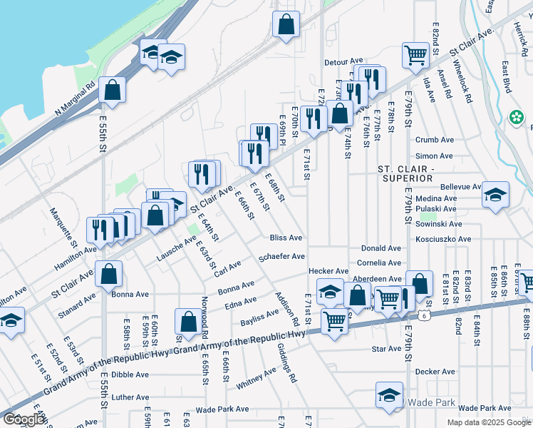 map of restaurants, bars, coffee shops, grocery stores, and more near 1096 East 67th Street in Cleveland