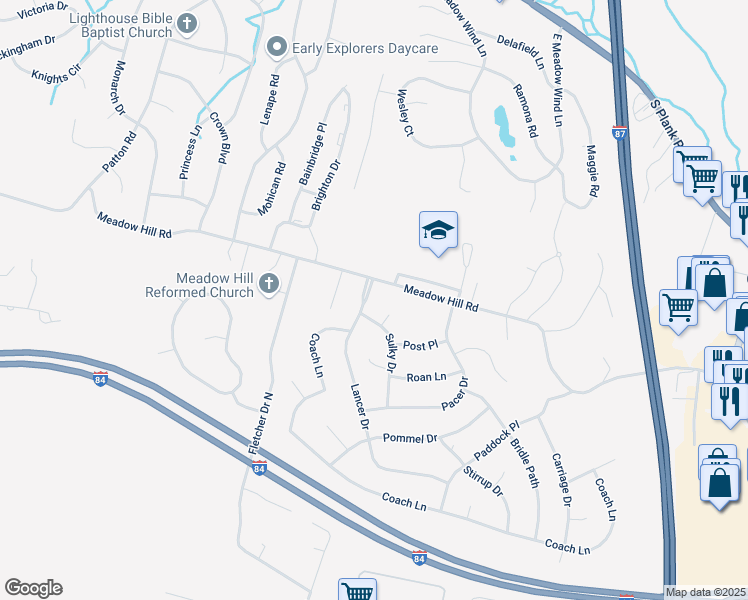 map of restaurants, bars, coffee shops, grocery stores, and more near 2 Lancer Drive in Newburgh