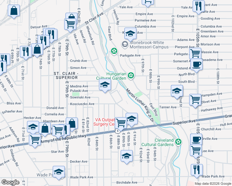 map of restaurants, bars, coffee shops, grocery stores, and more near 1126 Dallas Road in Cleveland