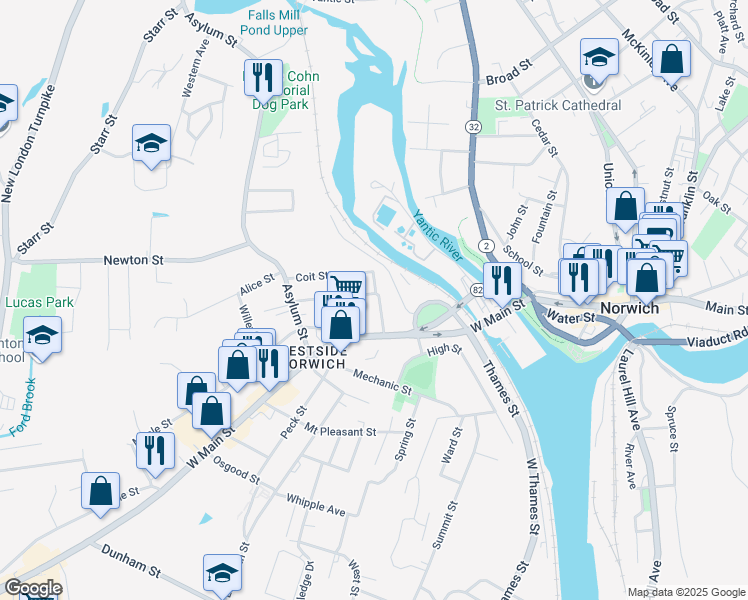 map of restaurants, bars, coffee shops, grocery stores, and more near 10 Pearl Street in Norwich