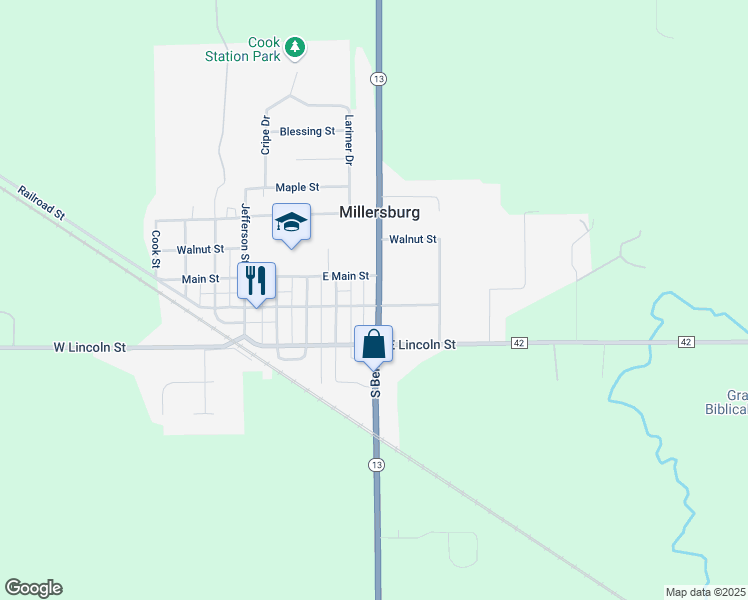 map of restaurants, bars, coffee shops, grocery stores, and more near 449 East Washington Street in Millersburg
