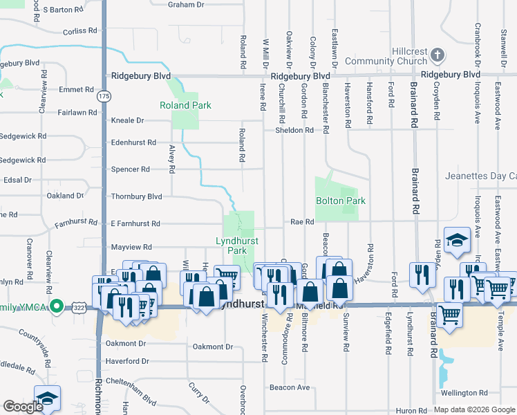 map of restaurants, bars, coffee shops, grocery stores, and more near 1304 Irene Road in Lyndhurst