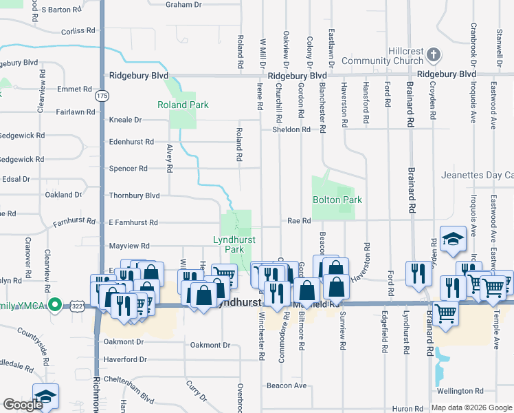 map of restaurants, bars, coffee shops, grocery stores, and more near 1304 Irene Road in Lyndhurst