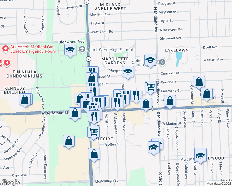 map of restaurants, bars, coffee shops, grocery stores, and more near 1608 Richmond Street in Joliet