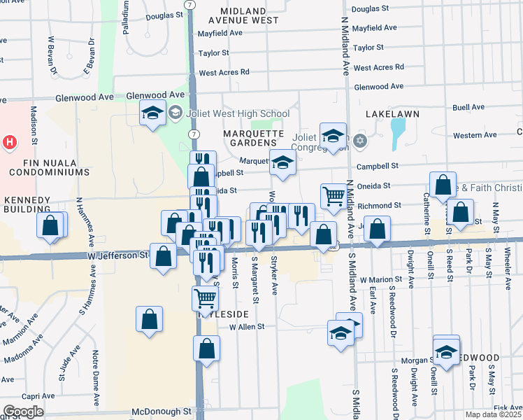 map of restaurants, bars, coffee shops, grocery stores, and more near 1604 Richmond Street in Joliet