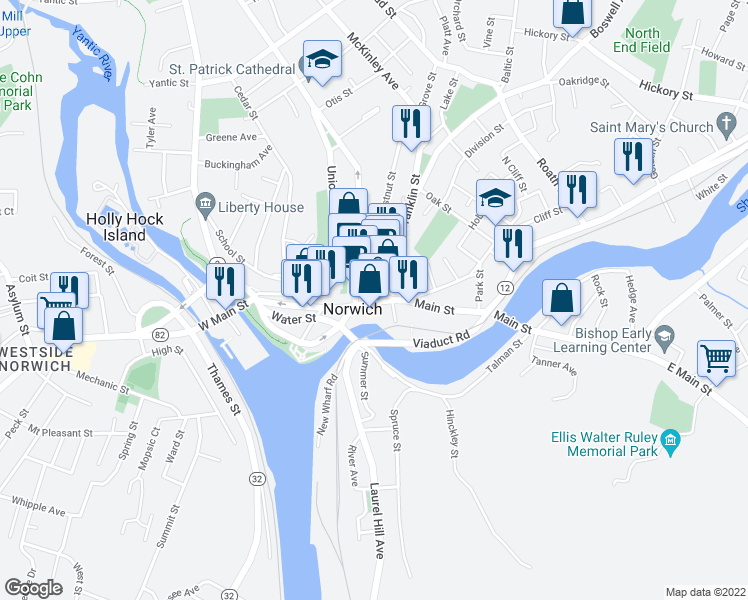 map of restaurants, bars, coffee shops, grocery stores, and more near 6 Franklin Street in Norwich