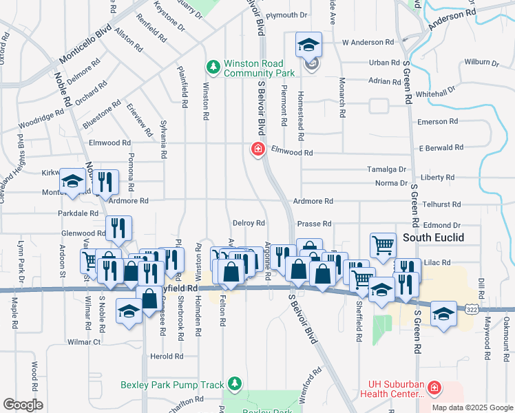 map of restaurants, bars, coffee shops, grocery stores, and more near 1300 Argonne Road in South Euclid