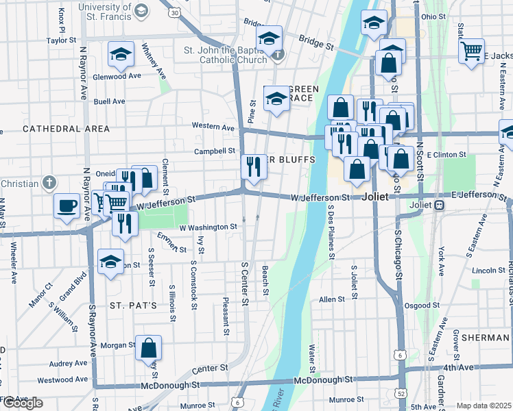map of restaurants, bars, coffee shops, grocery stores, and more near 29 North Hickory Street in Joliet