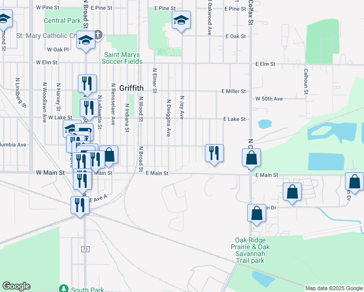 map of restaurants, bars, coffee shops, grocery stores, and more near 807 E Columbia Ave in Griffith