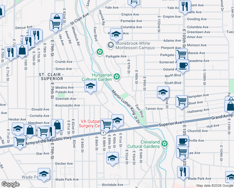 map of restaurants, bars, coffee shops, grocery stores, and more near 750 East 88th Street in Cleveland