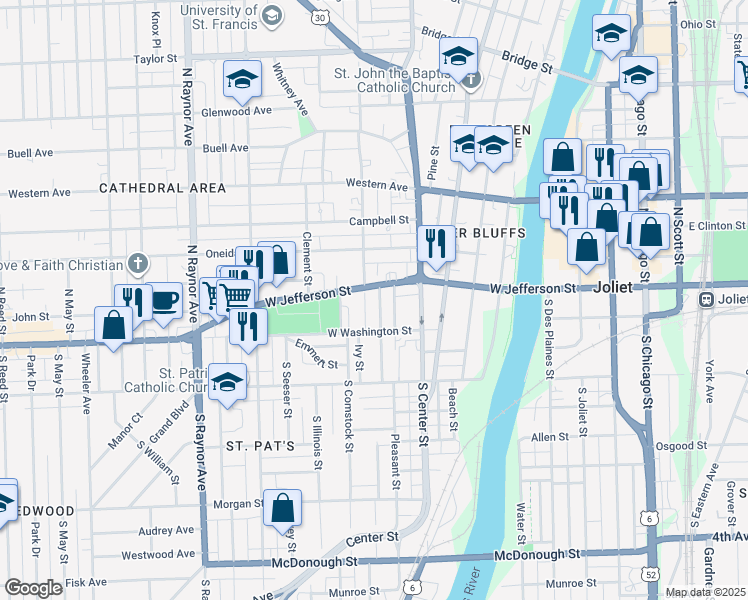 map of restaurants, bars, coffee shops, grocery stores, and more near 15 North Cagwin Avenue in Joliet