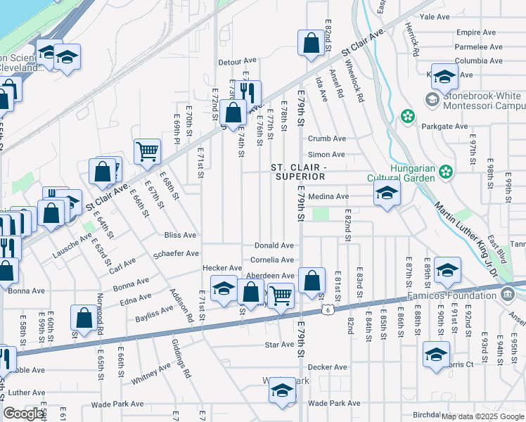 map of restaurants, bars, coffee shops, grocery stores, and more near 1119 East 76th Street in Cleveland