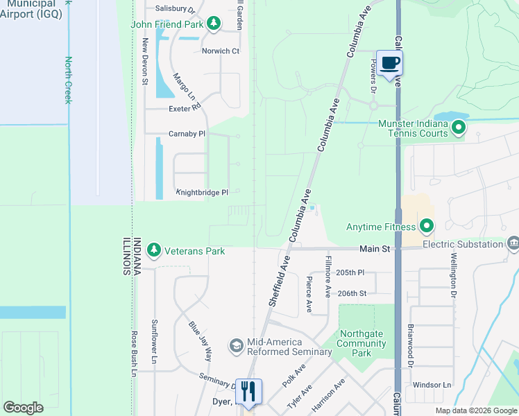 map of restaurants, bars, coffee shops, grocery stores, and more near 10360 Allison Road in Munster