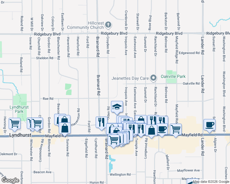 map of restaurants, bars, coffee shops, grocery stores, and more near 1286 Rae Rd in Lyndhurst