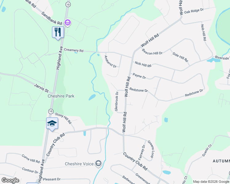 map of restaurants, bars, coffee shops, grocery stores, and more near 103 Glenbrook Drive in Cheshire