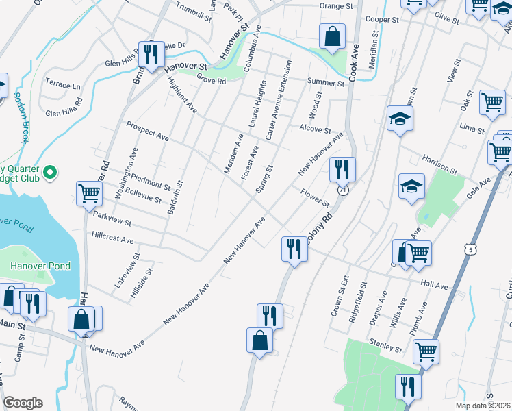 map of restaurants, bars, coffee shops, grocery stores, and more near 277 Prospect Avenue in Meriden