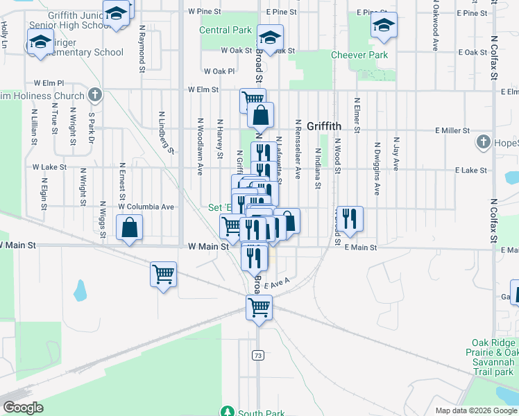 map of restaurants, bars, coffee shops, grocery stores, and more near 213 State Road 73 in Griffith