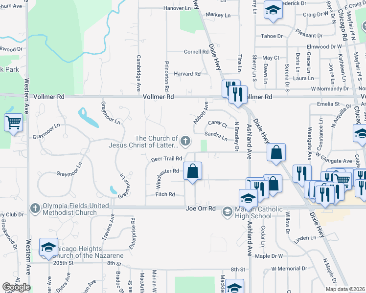 map of restaurants, bars, coffee shops, grocery stores, and more near 402 Longwood Drive in Chicago Heights